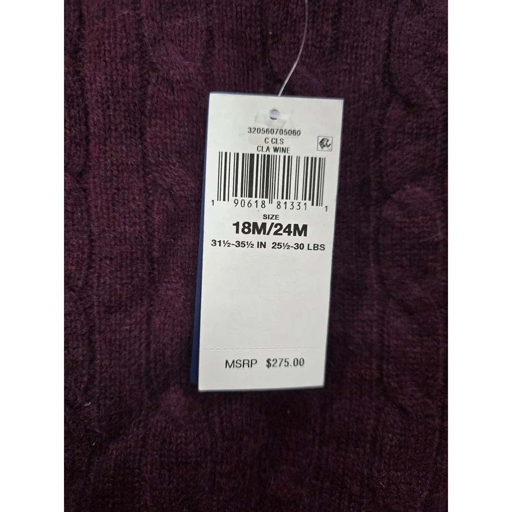 Ralph Lauren Toddler 18-24M Claret Wine Purple 100% Cashmere Cable Knit Sweater